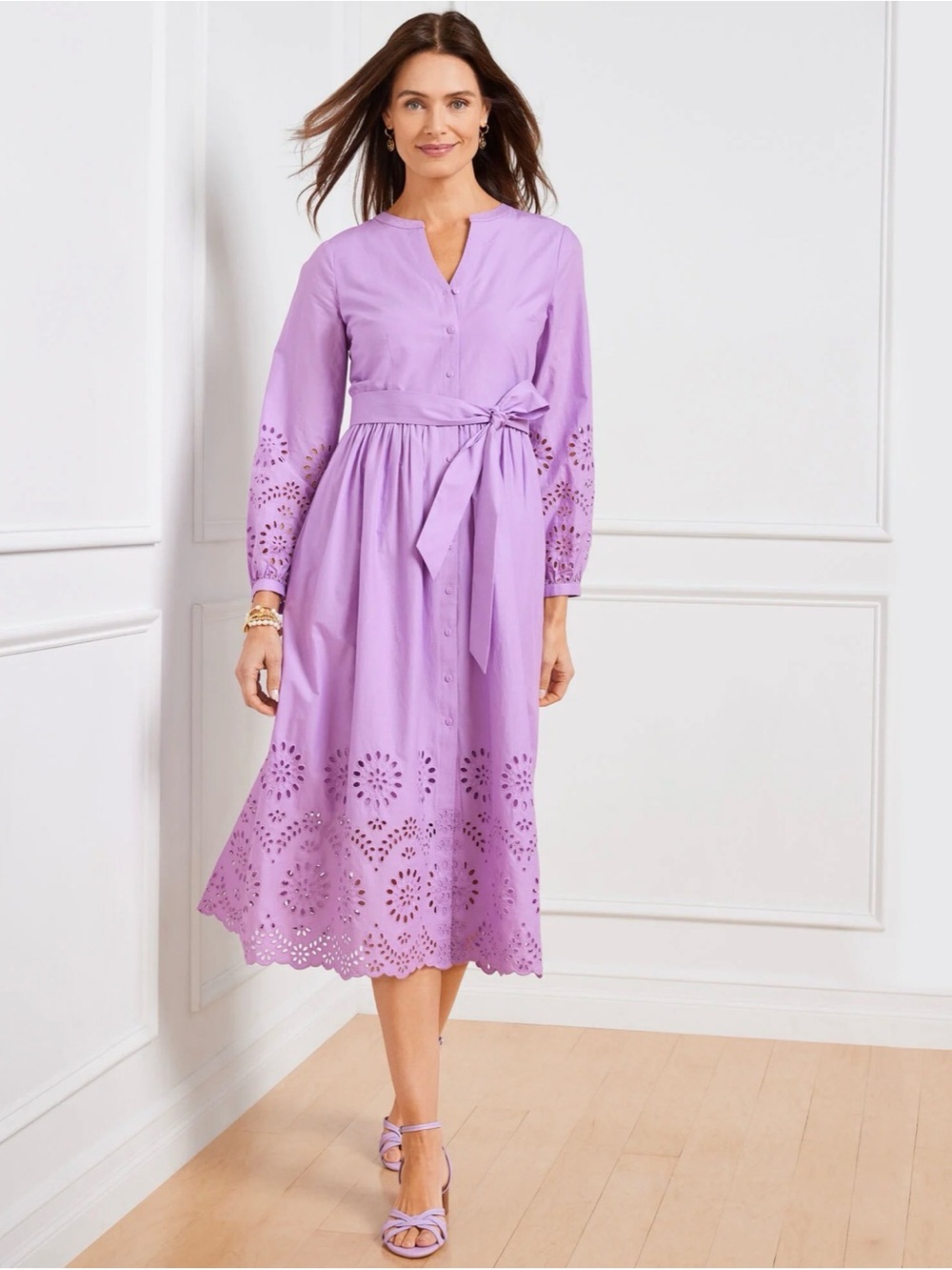 Talbots Lavender Eyelet Midi Dress Size 2P Tie Waist Feminine Dress